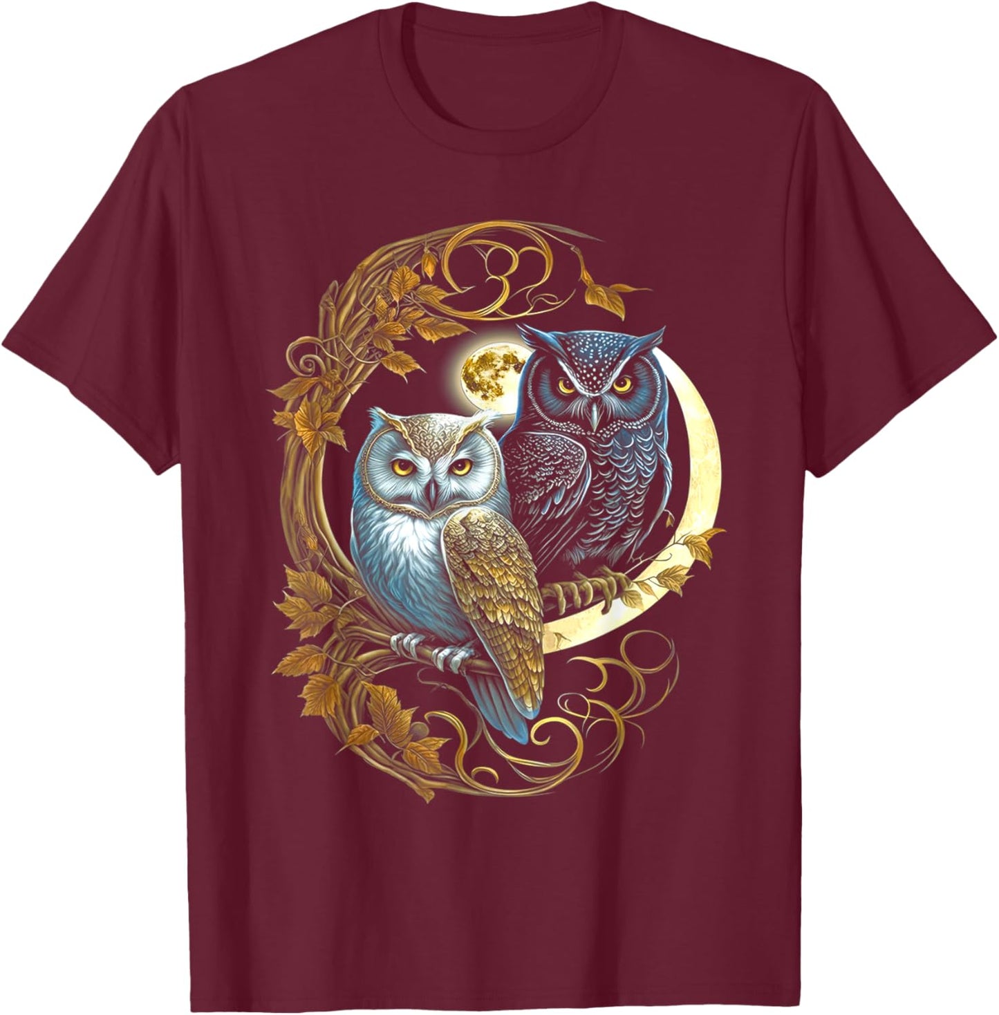 Owls Moon Tree Viking Valhalla North Myths T-Shirt - T-Shirt | Maroon