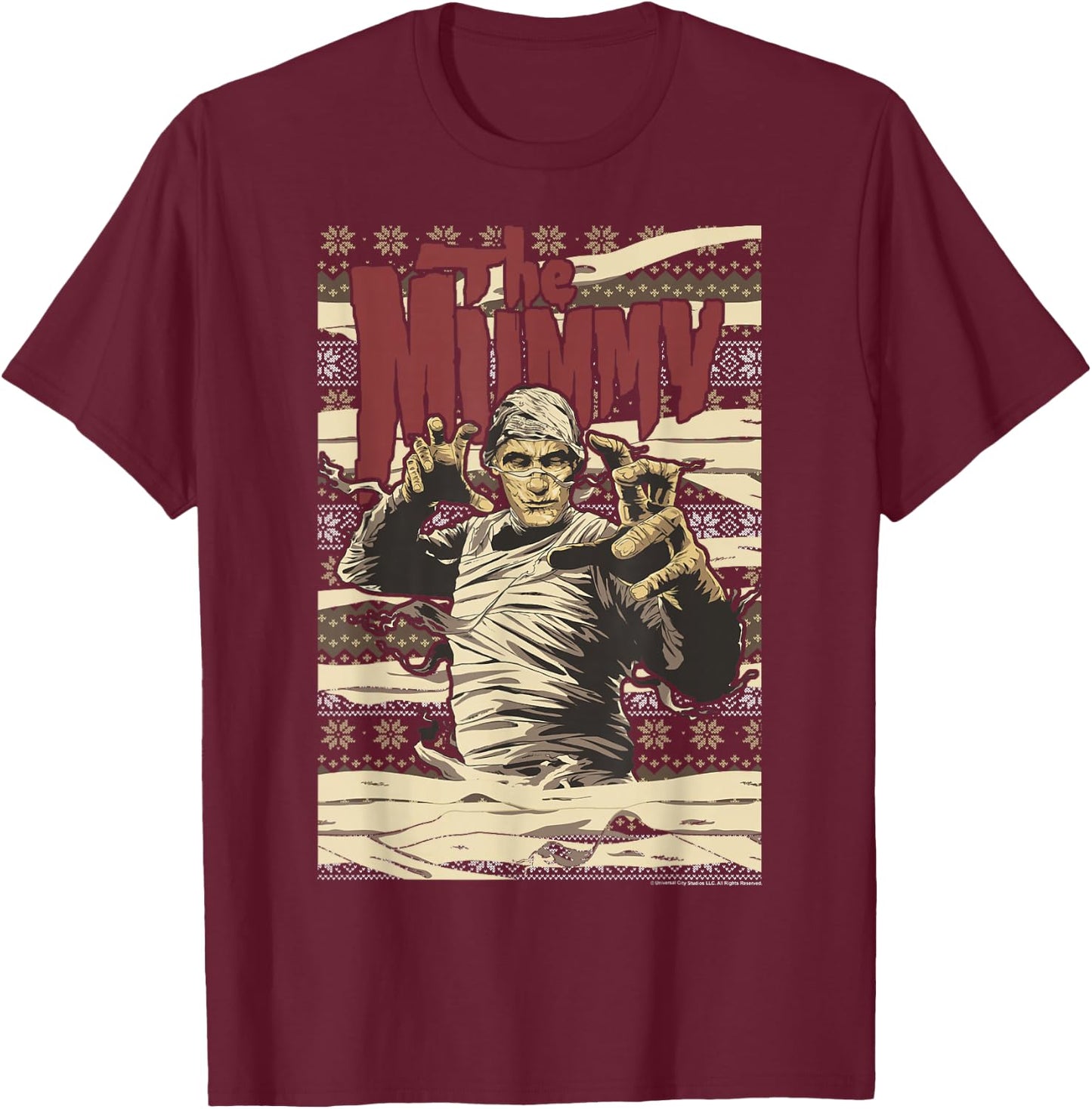Universal Monsters Christmas The Mummy Ugly Sweater T-Shirt - T-Shirt | Maroon