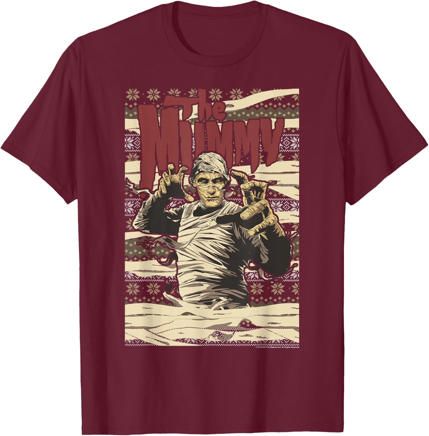 Universal Monsters Christmas The Mummy Ugly Sweater T-Shirt - T-Shirt | Maroon