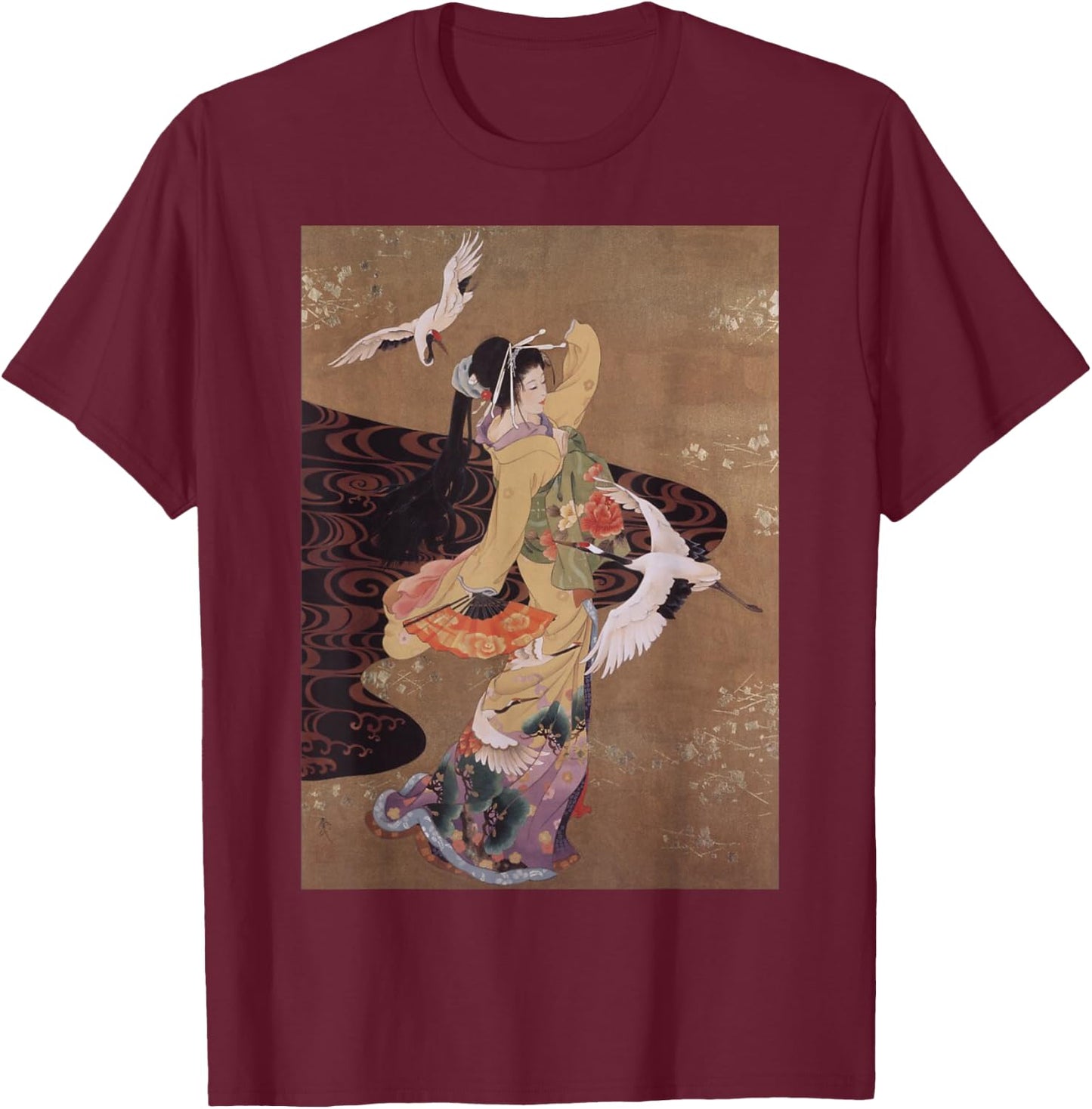 Dance of Cranes Japanese Retro Art Small T-Shirt - T-Shirt | Maroon