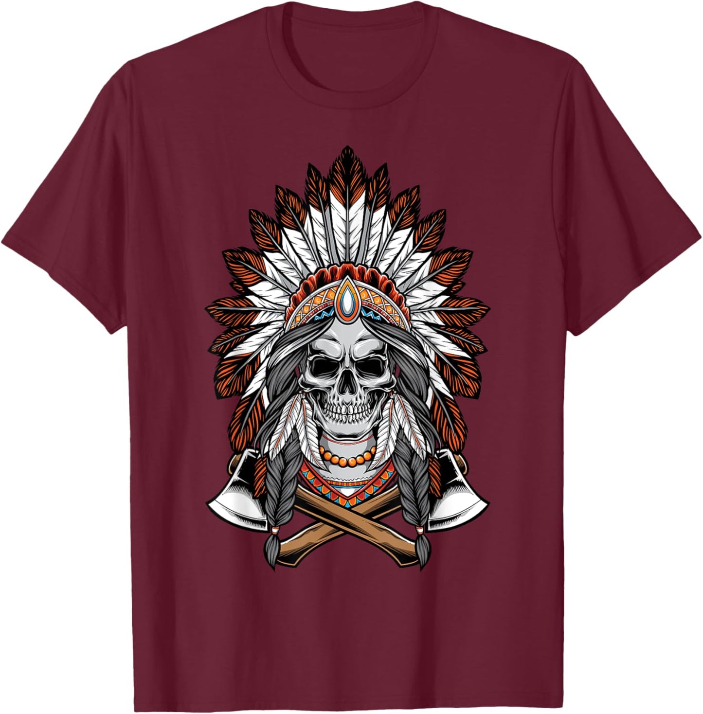 Chief Indian skull Tribal Headdre for lover Indigenous T-Shirt - T-Shirt | Maroon