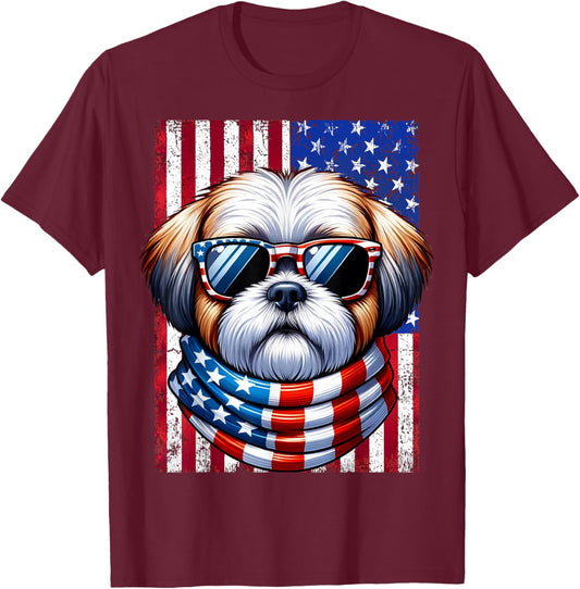 Shih Tzu Wearing American Flag 4th of July Patriotic Dog T-Shirt - T-Shirt | Maroon