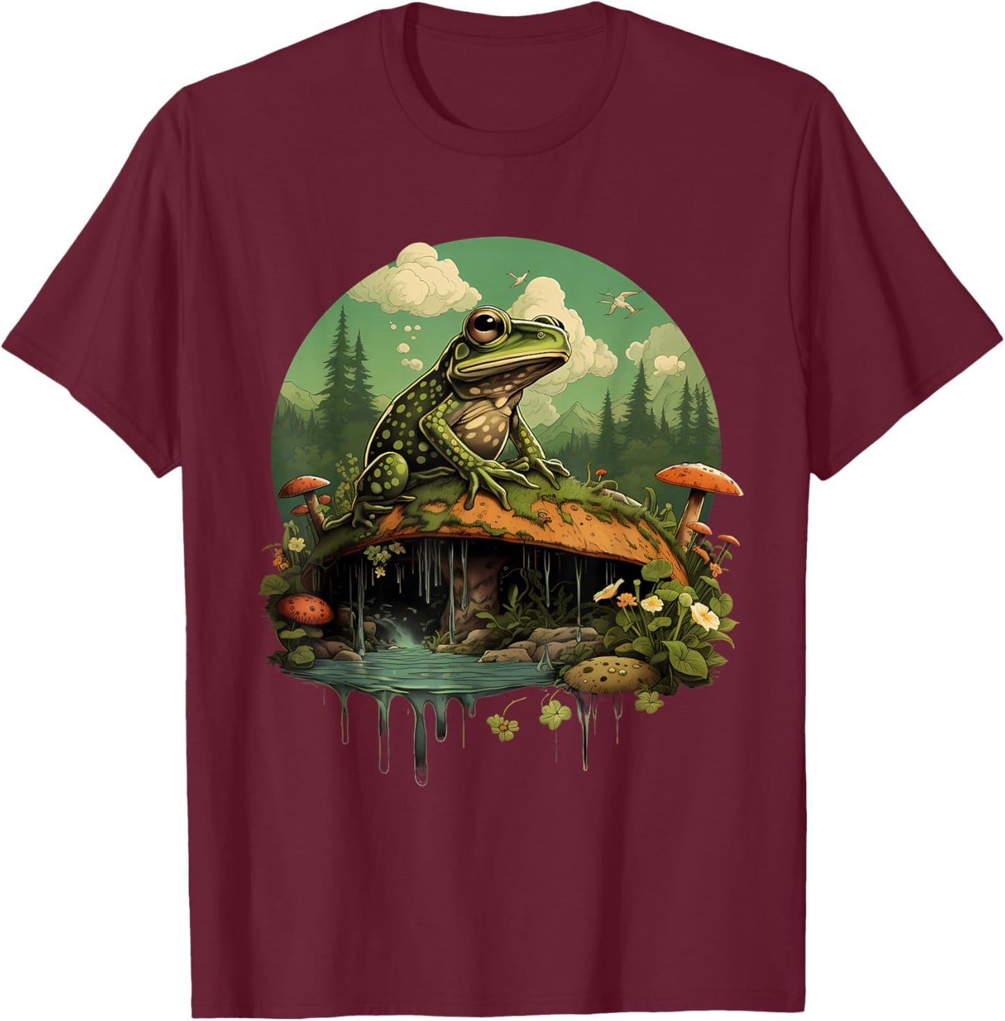 Frog Mushroom Toad Landscape Forest Nature Animal Art T-Shirt - T-Shirt | Maroon