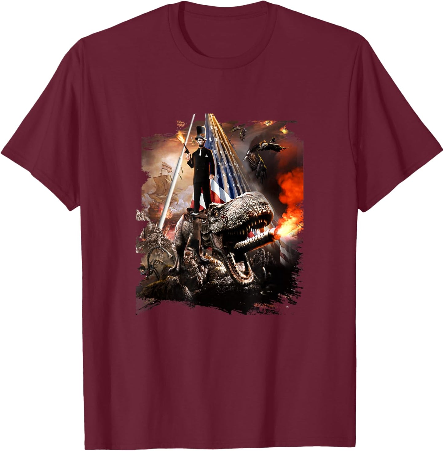 Abe Lincoln Riding Dinosaur American Patriotic Funny T-Shirt - T-Shirt | Maroon