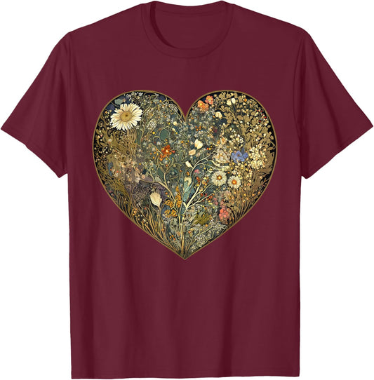 Cottagecore Wildflowers Heart Aesthetic Girls Women Graphic T-Shirt - T-Shirt | Maroon