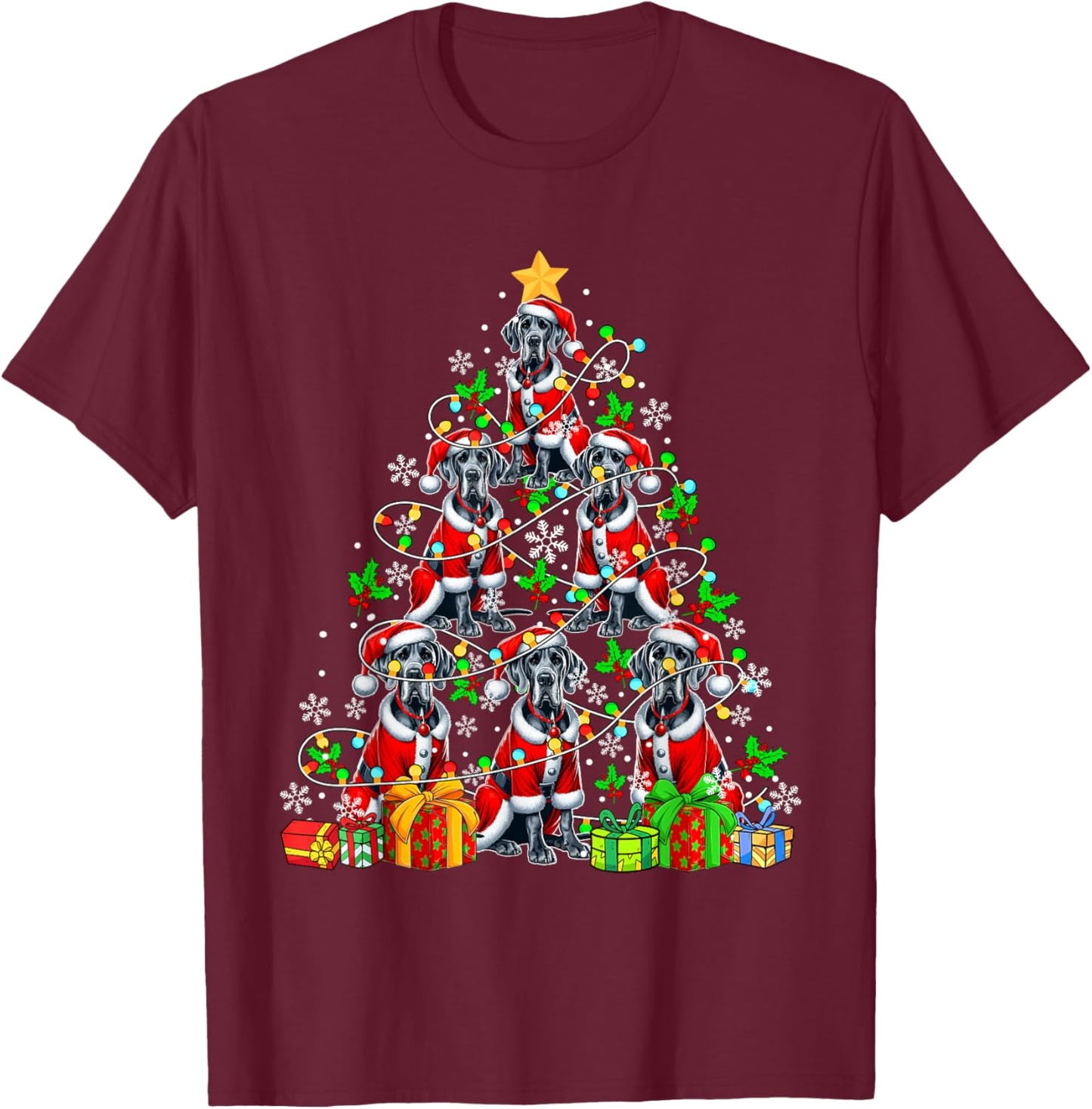 Group Santa Great Danes As Xmas Tree Colorful Lights Owner T-Shirt - T-Shirt | Maroon