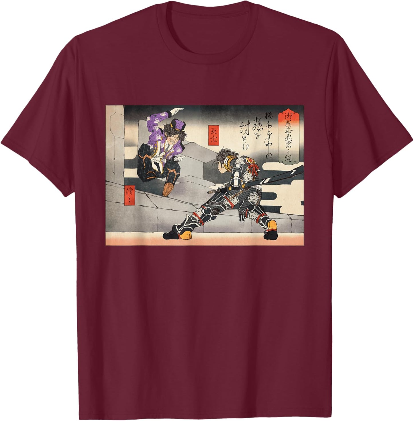PSO2 Ash vs. Doudou Ukiyo-e Style T-Shirt - T-Shirt | Maroon