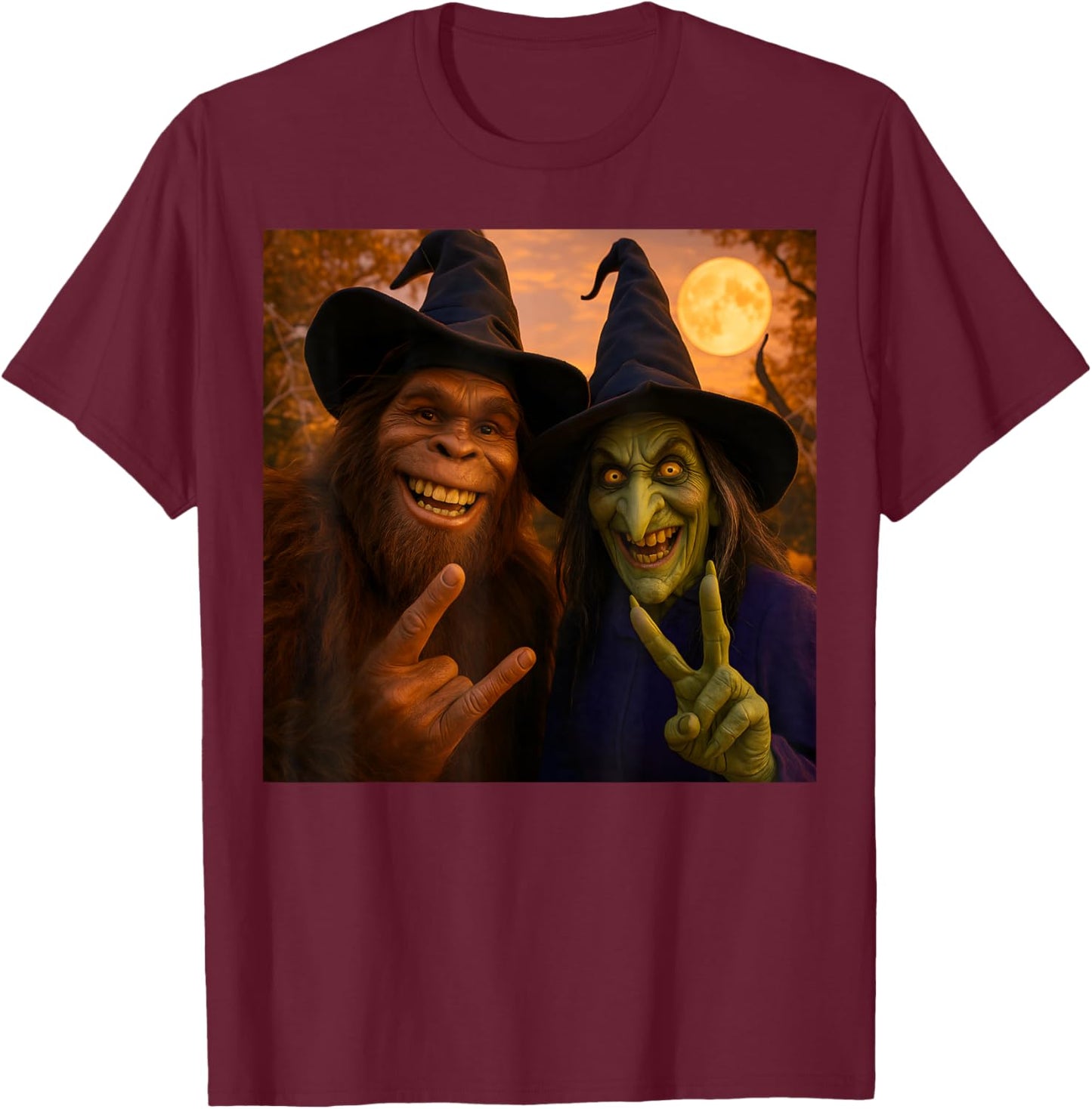 Bigfoot Witch Funny Halloween Selfie 2025 T-Shirt - T-Shirt | Maroon