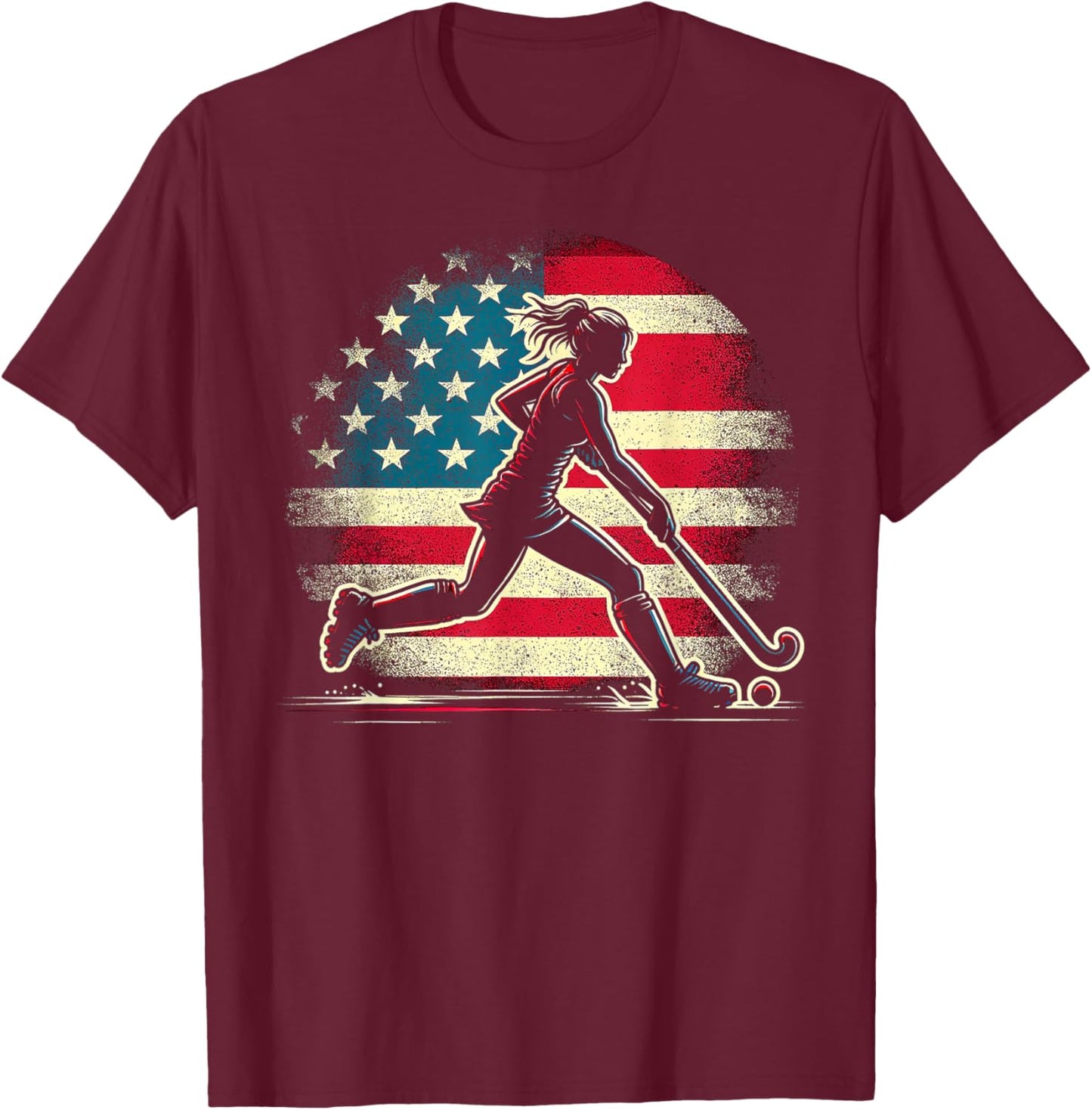 Field Hockey Girl USA United States Of America Flag T-Shirt - T-Shirt | Maroon