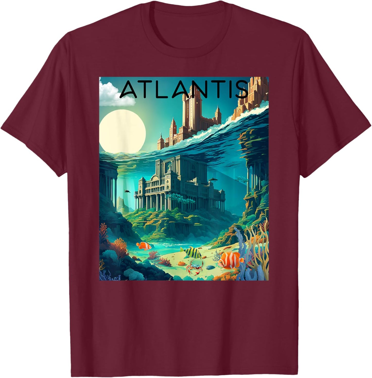 Atlantis Lost Underwater City Of Utopian Myth Travel Ad T-Shirt - T-Shirt | Maroon