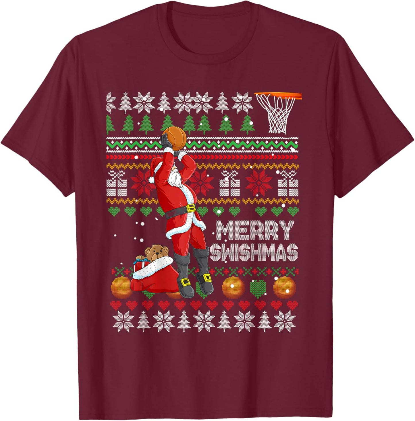 Funny Merry Swishmas Christmas Santa Playing Basketball Kids T-Shirt - T-Shirt | Maroon
