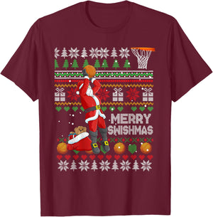 Funny Merry Swishmas Christmas Santa Playing Basketball Kids T-Shirt - T-Shirt | Maroon
