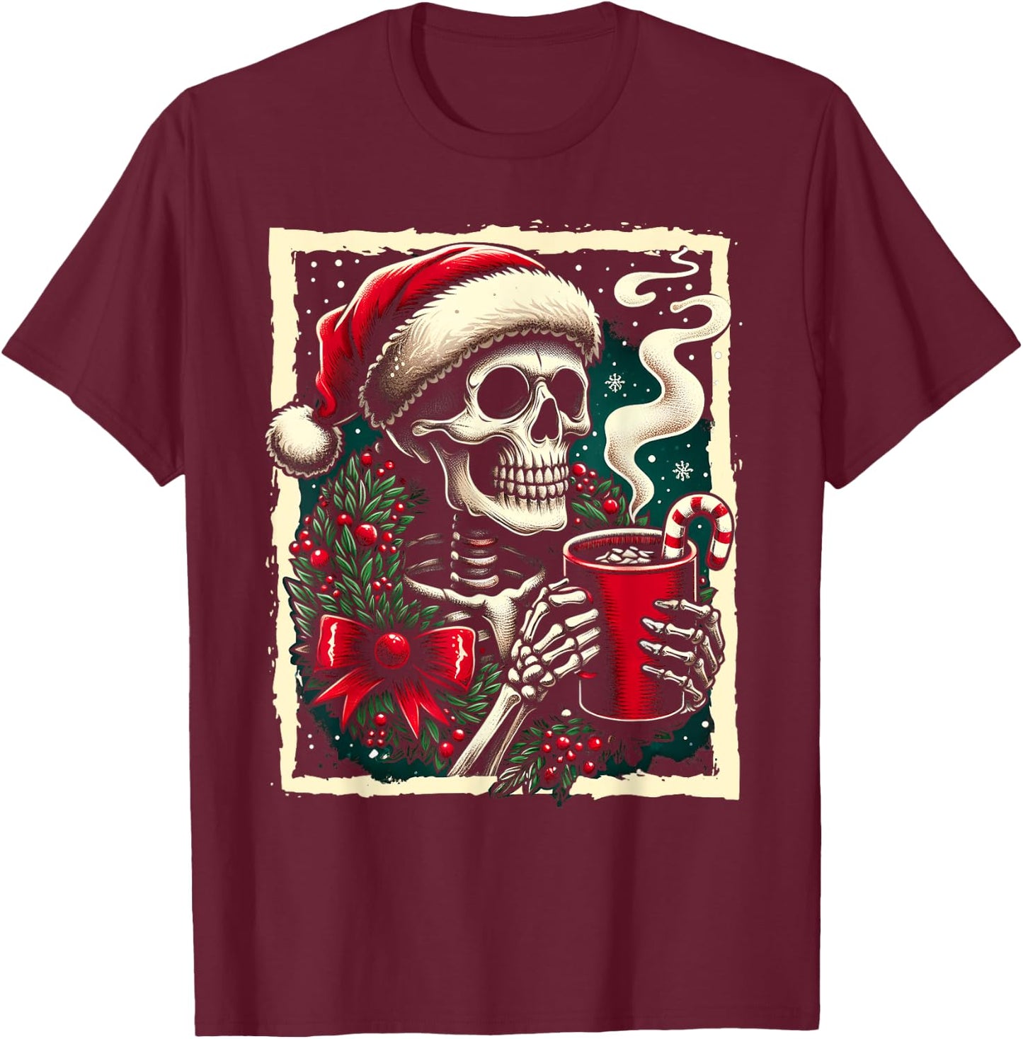 Christmas Skeleton Hot Cocoa Dead Inside Spooky Xmas Holiday T-Shirt - T-Shirt | Maroon