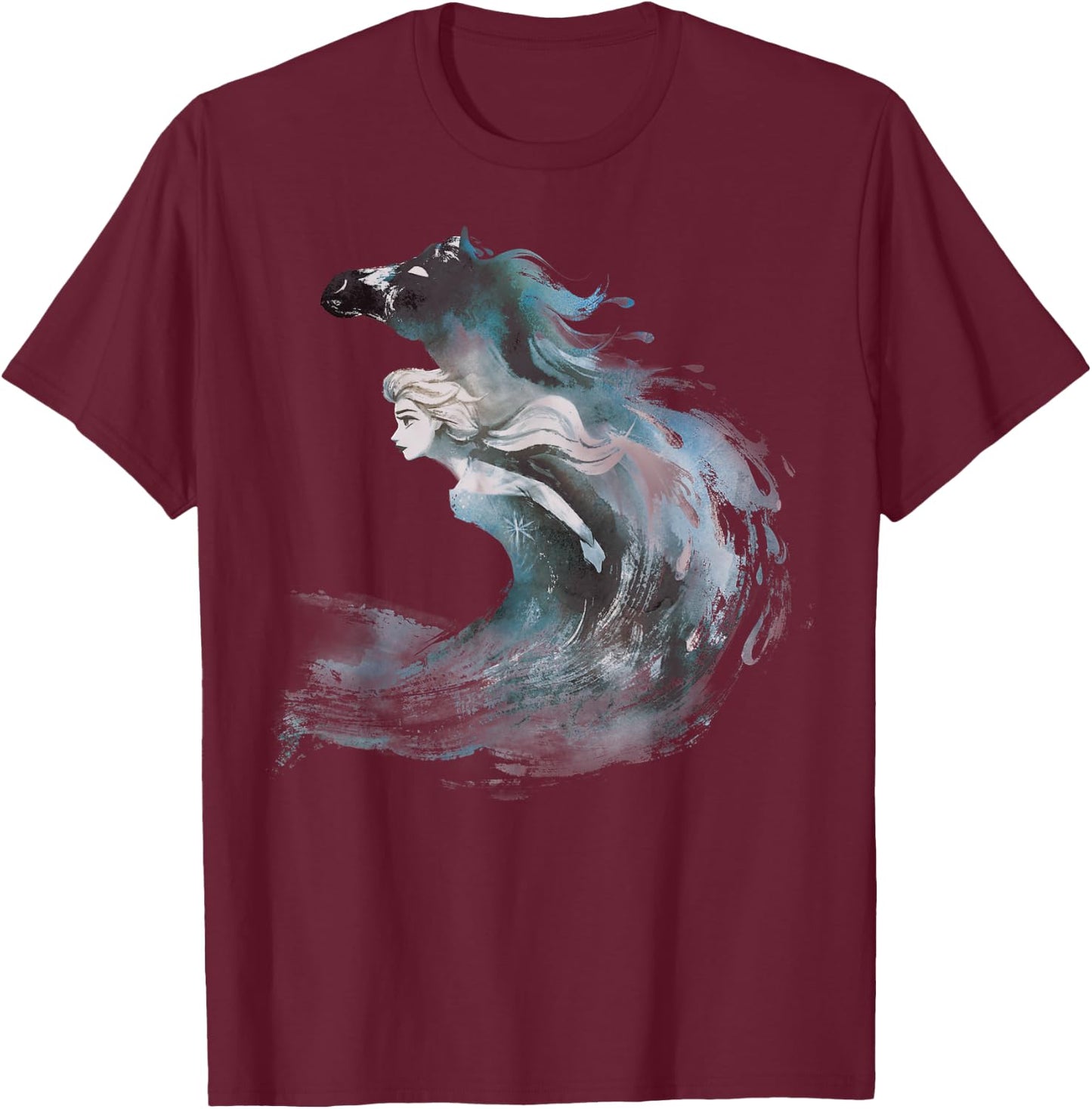 Disney Frozen 2 Elsa Watercolor Horse Painted Portrait T-Shirt - T-Shirt | Maroon