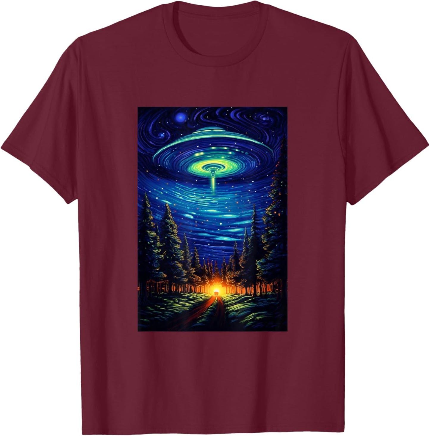 UFO Aliens Flying Saucer - Van Gogh Style - Starry Night T-Shirt - T-Shirt | Maroon