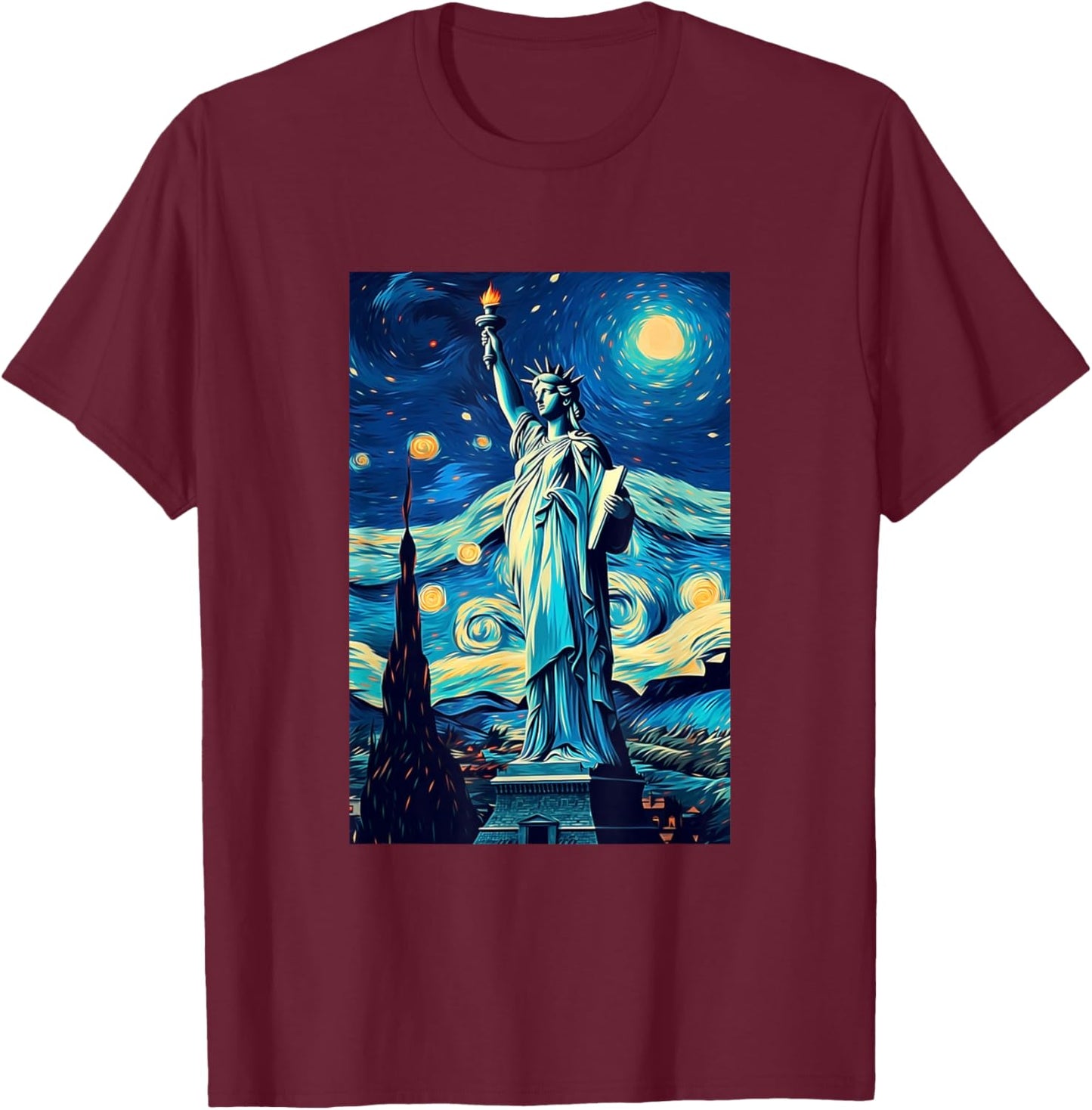 Statue of Liberty - New York - Van Gogh Style - Starry Night T-Shirt - T-Shirt | Maroon