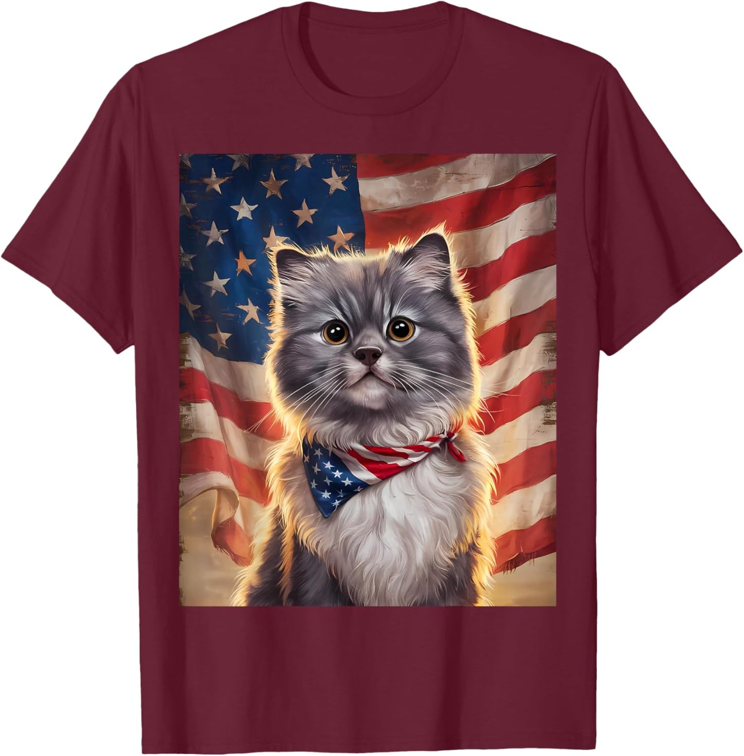 Cute Fluffy Gray Cat American Flag Independence Day T-Shirt - T-Shirt | Maroon