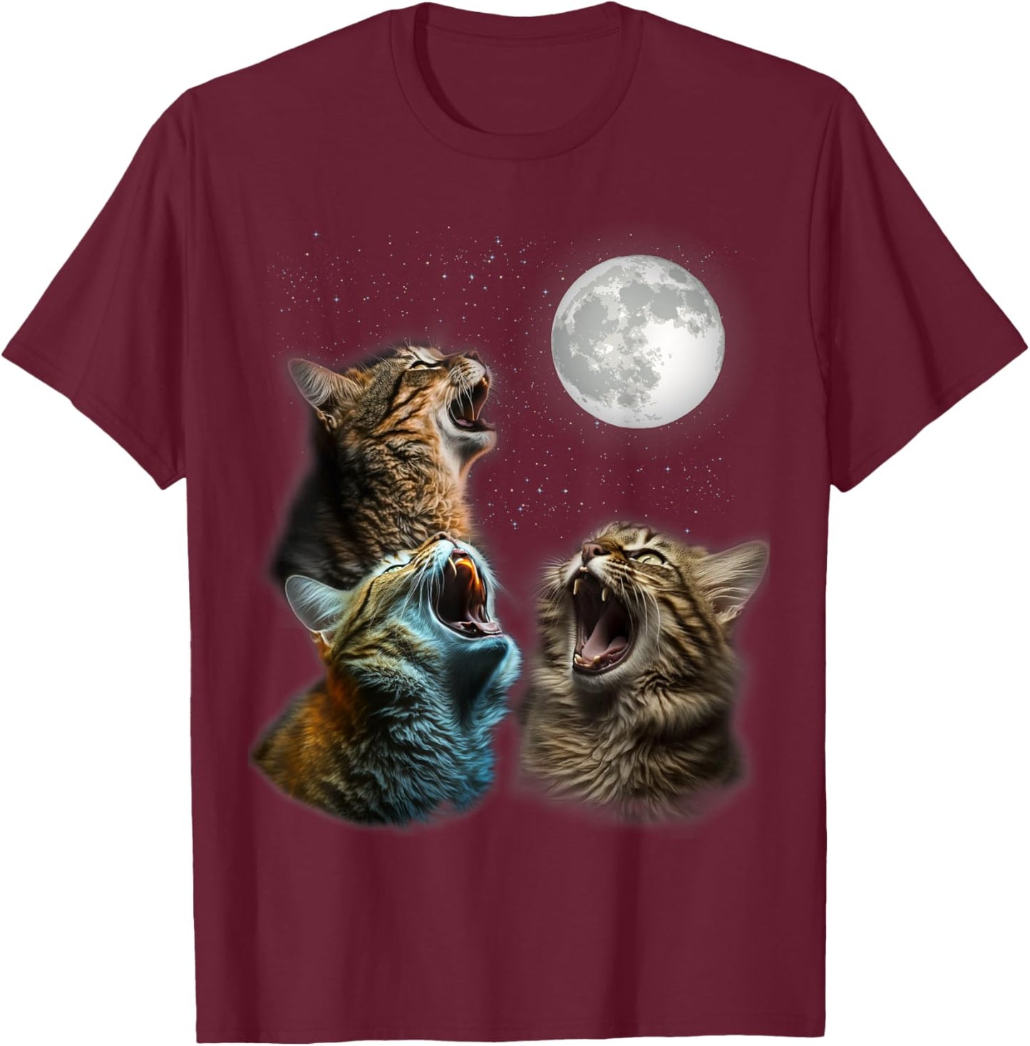 Funny Cat Moon Three Cats Meowling At Moon - Cats Howling T-Shirt - T-Shirt | Maroon