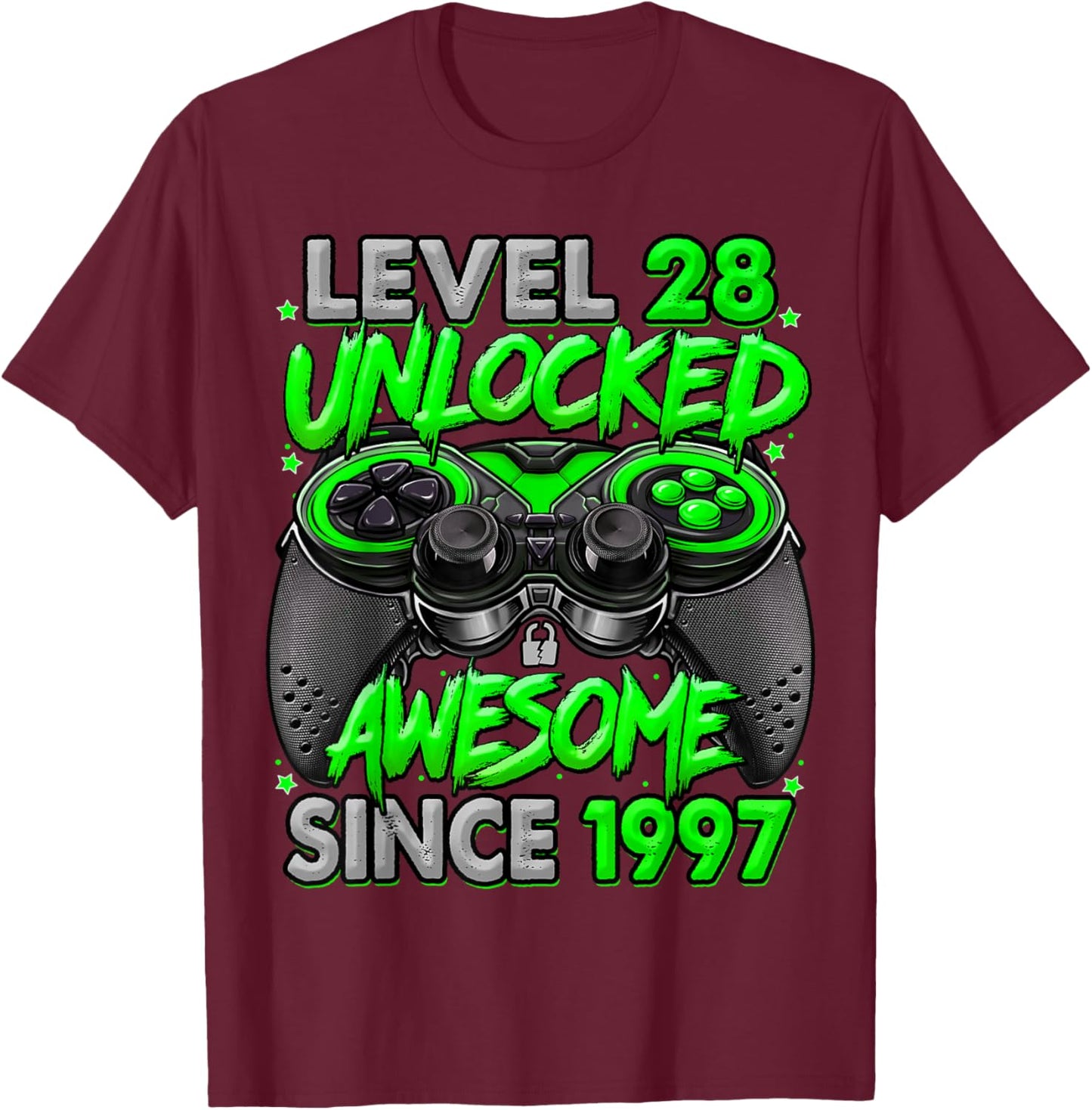 Level 28 Unlocked Awesome Since 1997 28th Birthday Gaming T-Shirt - T-Shirt | Maroon