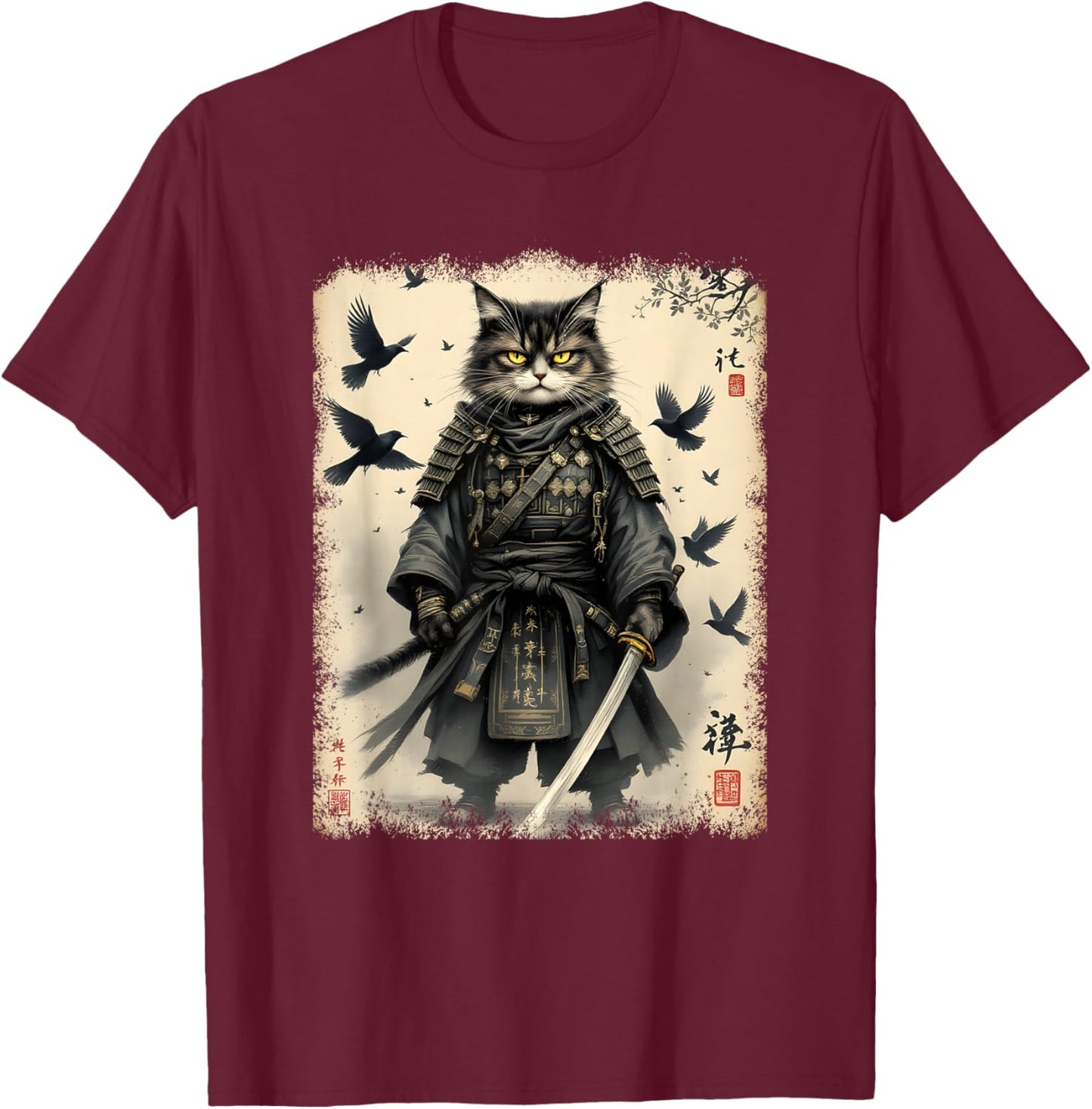Samurai Cat, Japanese Warrior | Vintage Anime & Samurai Art T-Shirt - T-Shirt | Maroon