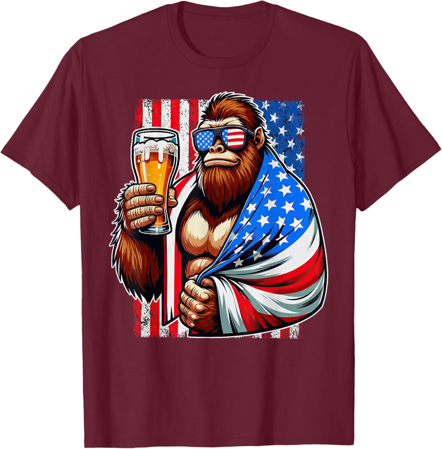 Bigfoot American Flag Drinking Beer 4th Of July Patriotic Men T-Shirt - T-Shirt | Maroon