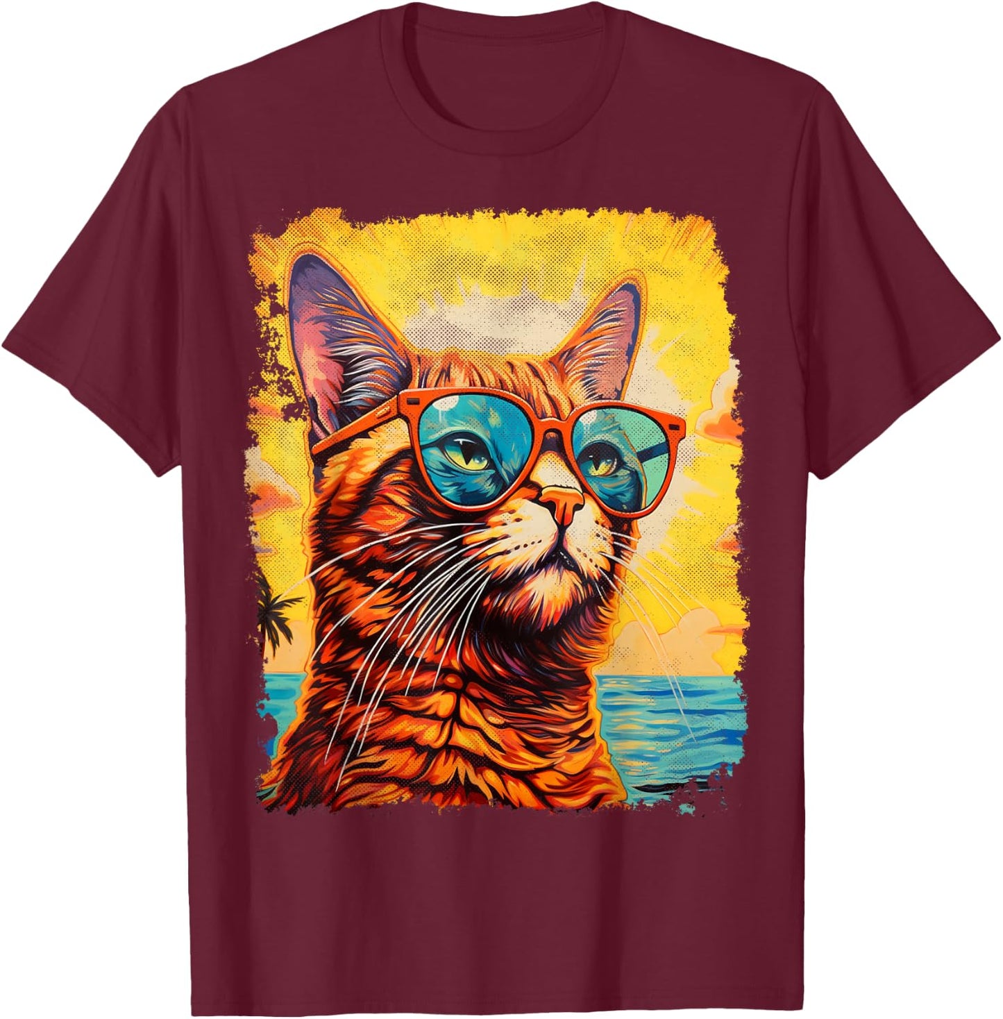 Cat with Sunglasses Graphic Hawaiian T-Shirt - T-Shirt | Maroon