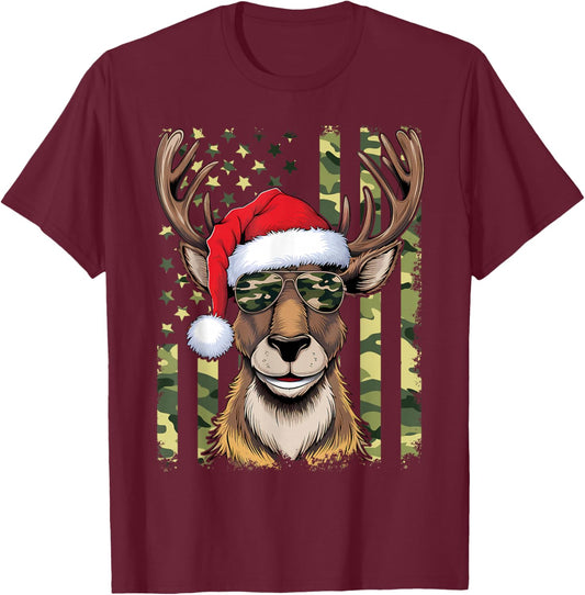 Reindeer Camo American Flag Christmas Pajama X-Mas Veteran T-Shirt - T-Shirt | Maroon