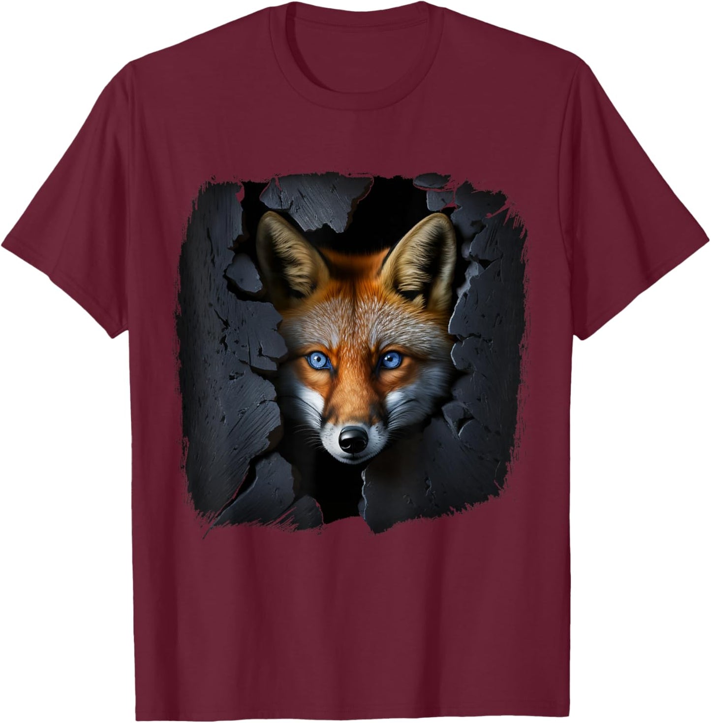 Fox Wall Blue Eyes Art Animal Motif T-Shirt - T-Shirt | Maroon