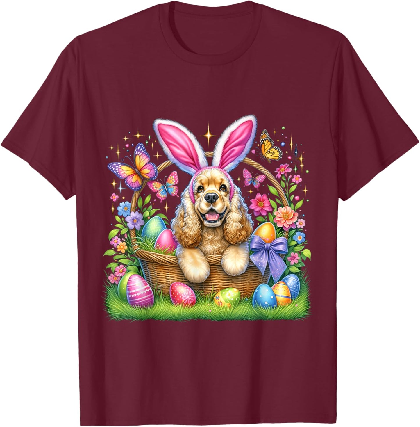 Cute Bunny Cocker Spaniel Dog Easter Eggs Basket Easter Day Men Women Girls Kids T-Shirt - T-Shirt | Maroon