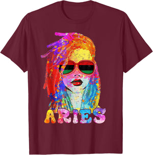 Aries Girl Loc'd Hair Art Zodiac Birthday Black Woman T-Shirt - T-Shirt | Maroon