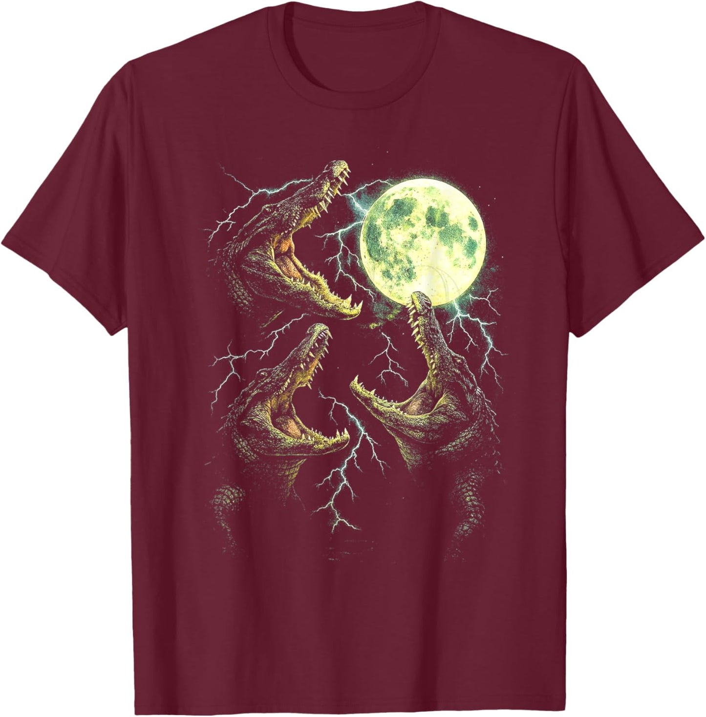 Retro Alligator Moon Howl 90s Swamp Lightning Design T-Shirt - T-Shirt | Maroon