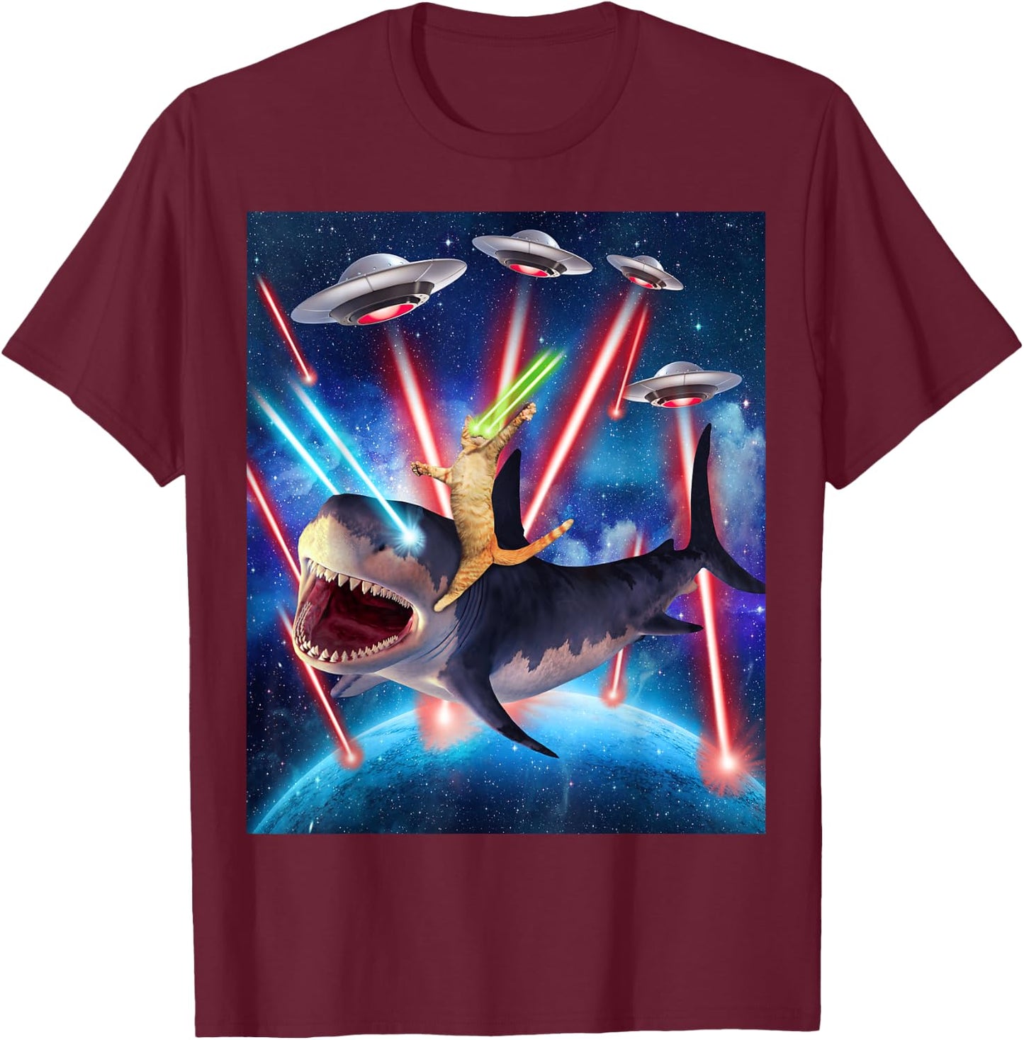 Space Cat Riding Shark Laser Eyes UFO Funny Kitty Cat Women Girls Kids T-Shirt - T-Shirt | Maroon