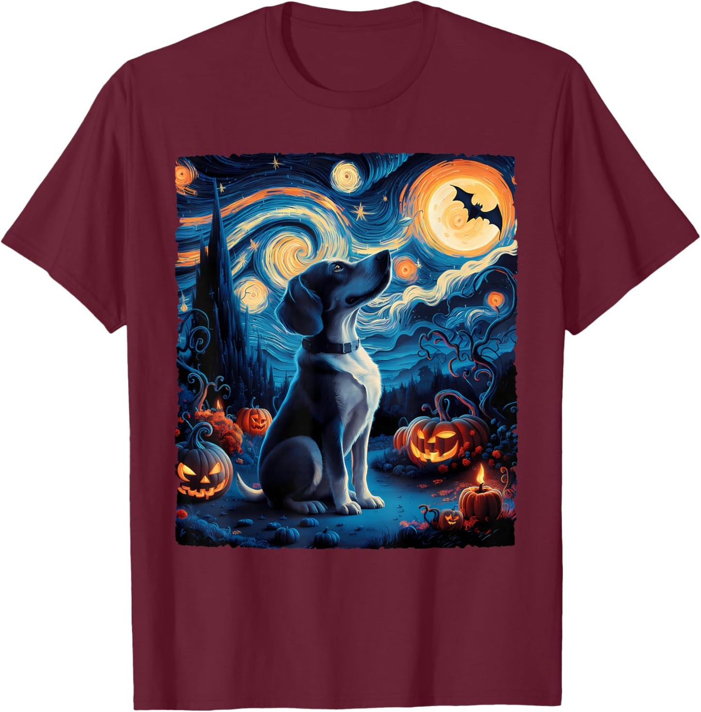 Van Gogh' Starry Night Dog Pumpkins Bats Funny Halloween Women Kids T-Shirt - T-Shirt | Maroon