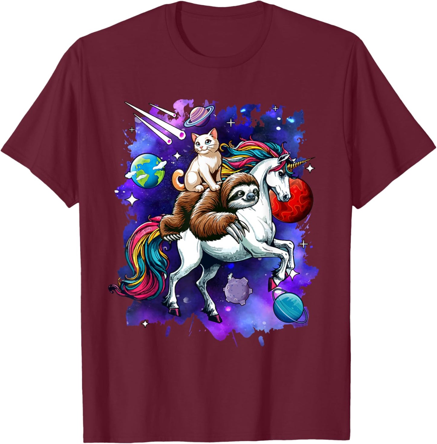 Cat And Sloth Riding Unicorn In Space Costume Galaxy Women Kids T-Shirt - T-Shirt | Maroon