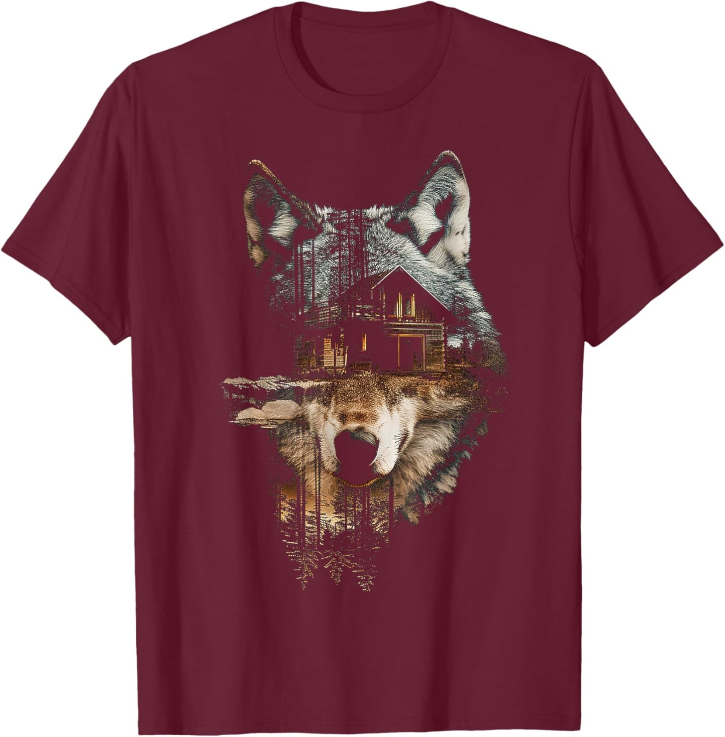 Wolf Nature House Animal Trees Illustration Art Wolf T-Shirt - T-Shirt | Maroon
