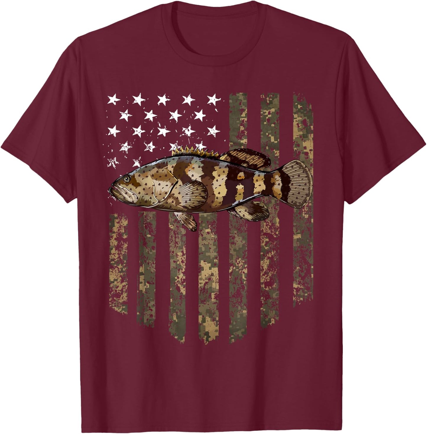 Camo American Flag Goliath Grouper Fishing 4th Of July T-Shirt - T-Shirt | Maroon