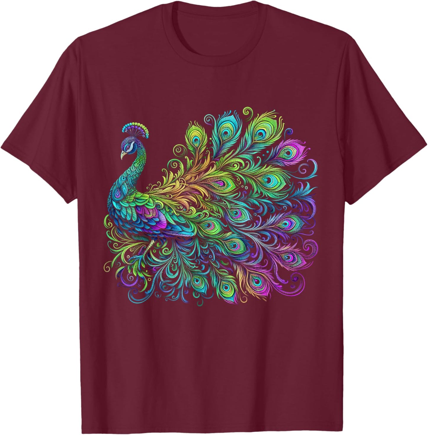 Psychedelic Peacock - Colorful Bird Lover T-Shirt - T-Shirt | Maroon