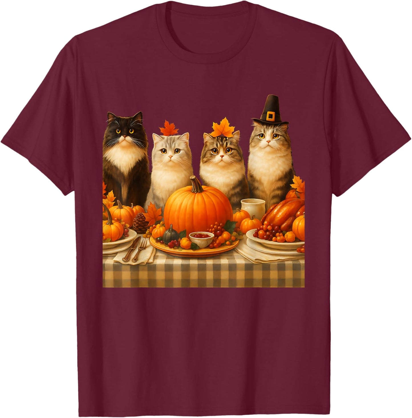 Thanksgiving Cats Dinner Feast Vintage Fall Men Women Kids T-Shirt - T-Shirt | Maroon