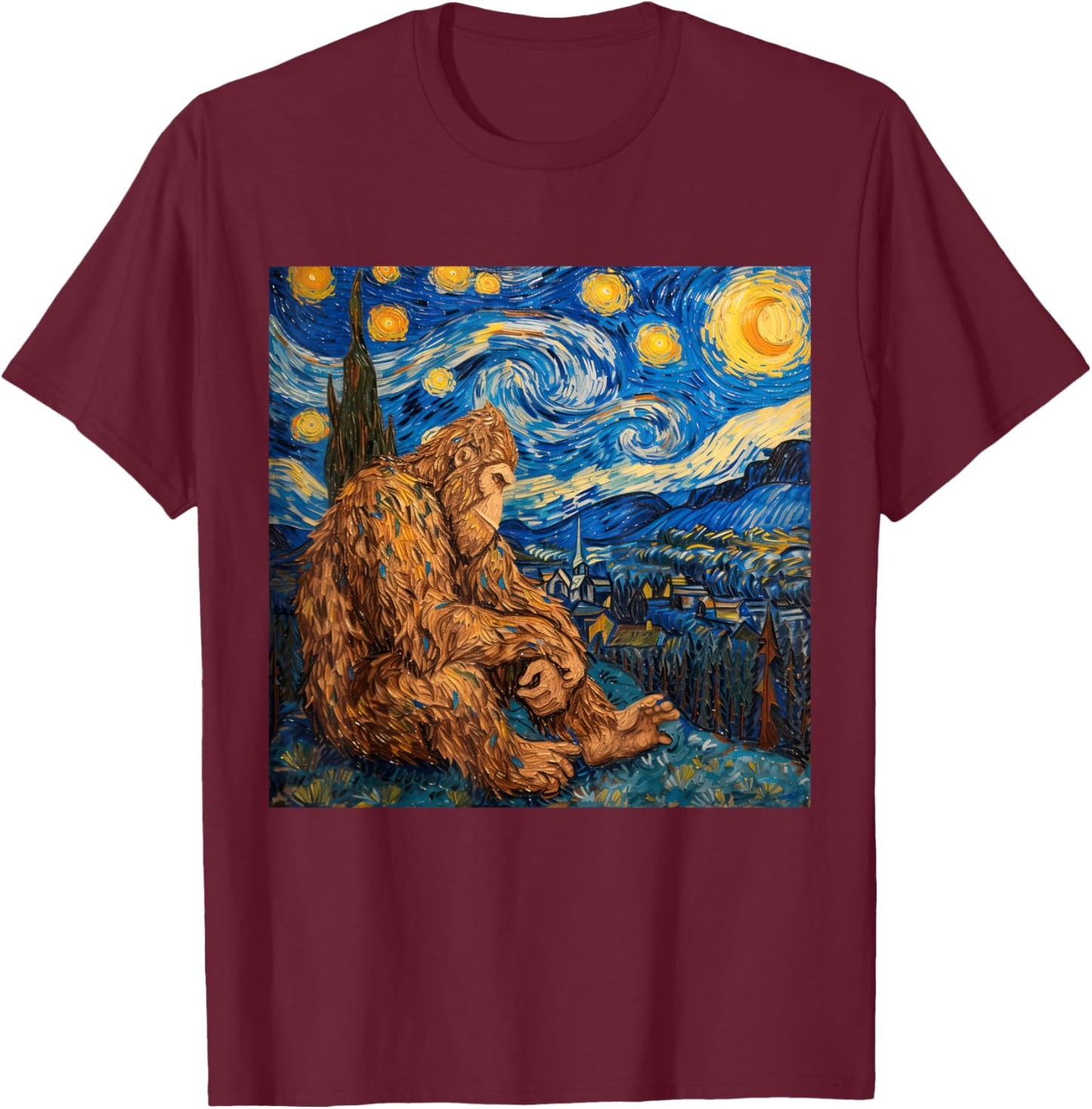 Sasquatch Starry Night Van Gogh T-Shirt - T-Shirt | Maroon