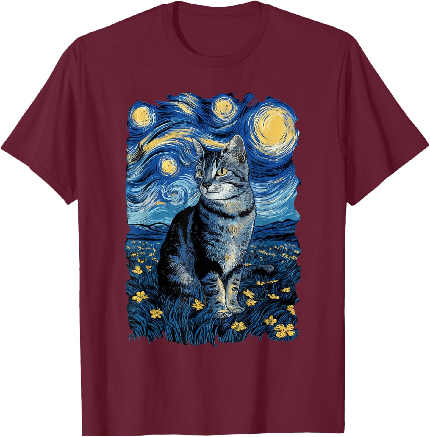 Van Gogh Cat Gifts Tabby Cat Owners Cat Lady Black Men Cat T-Shirt - T-Shirt | Maroon