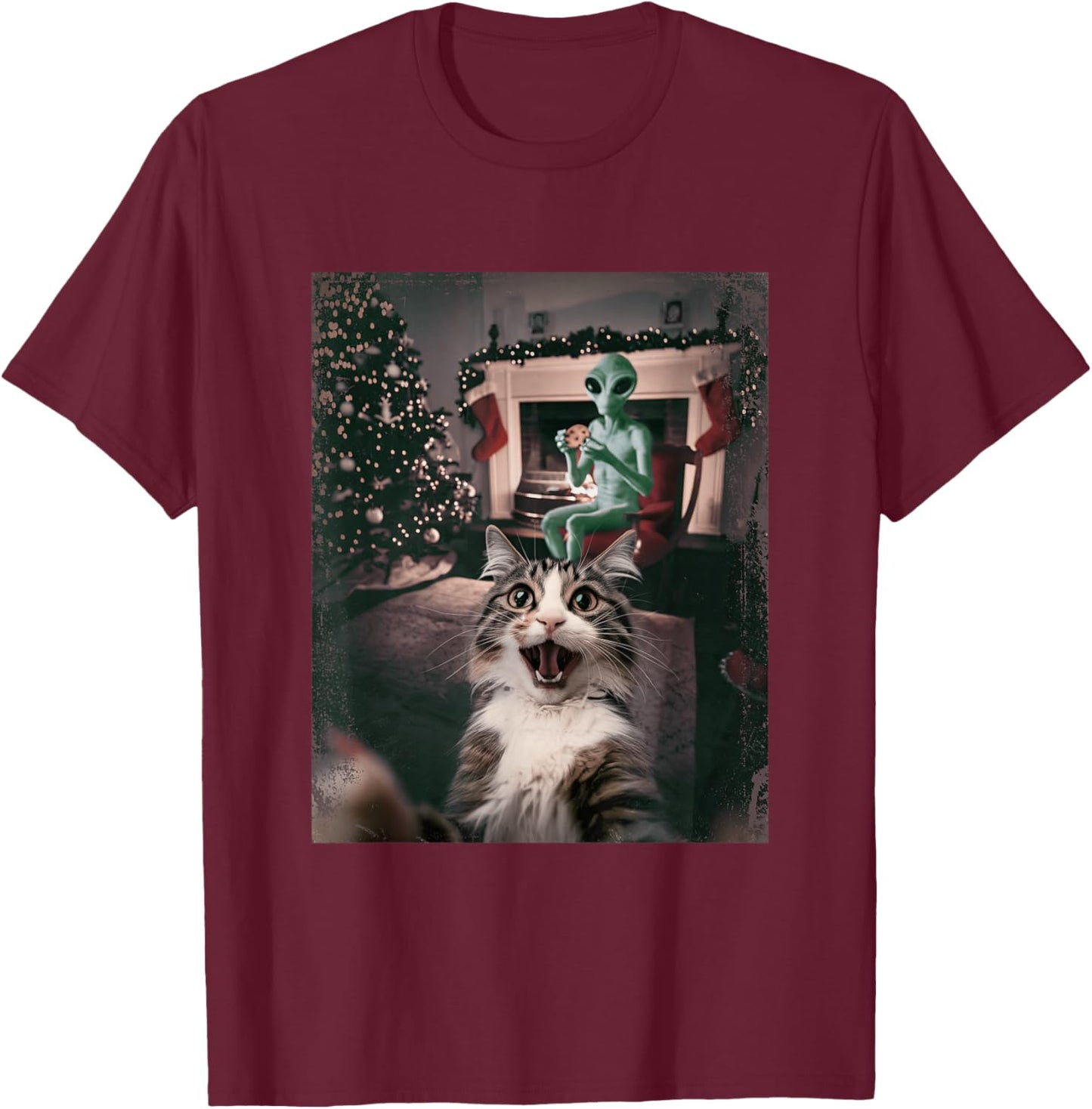 Funny Xmas Cat Selfie Alien Ugly Sweater Christmas Outfit T-Shirt - T-Shirt | Maroon