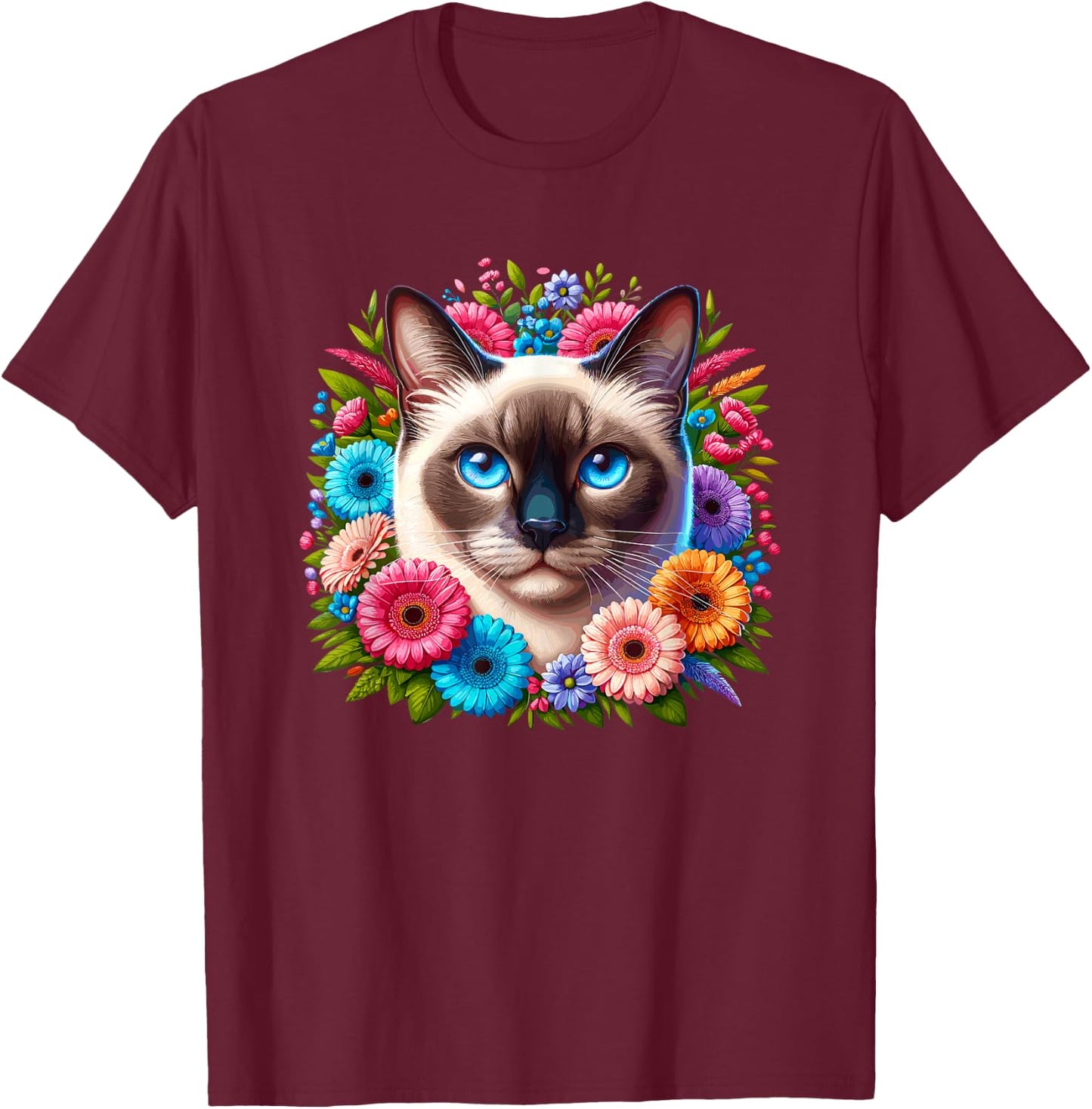 Floral Flowers Siamese Cat Meezer Men Women Kids T-Shirt - T-Shirt | Maroon