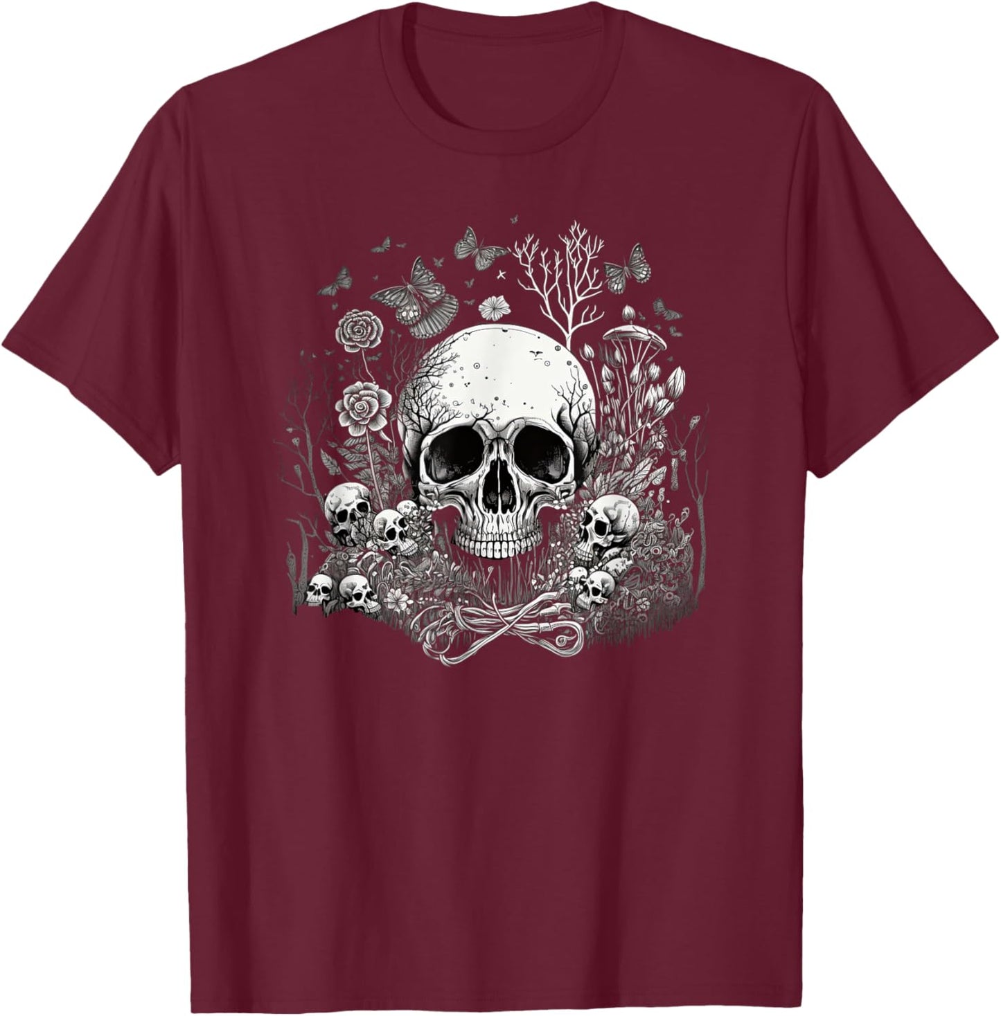Skull with Vibrant Butterfly flower and mushroom T-Shirt - T-Shirt | Maroon
