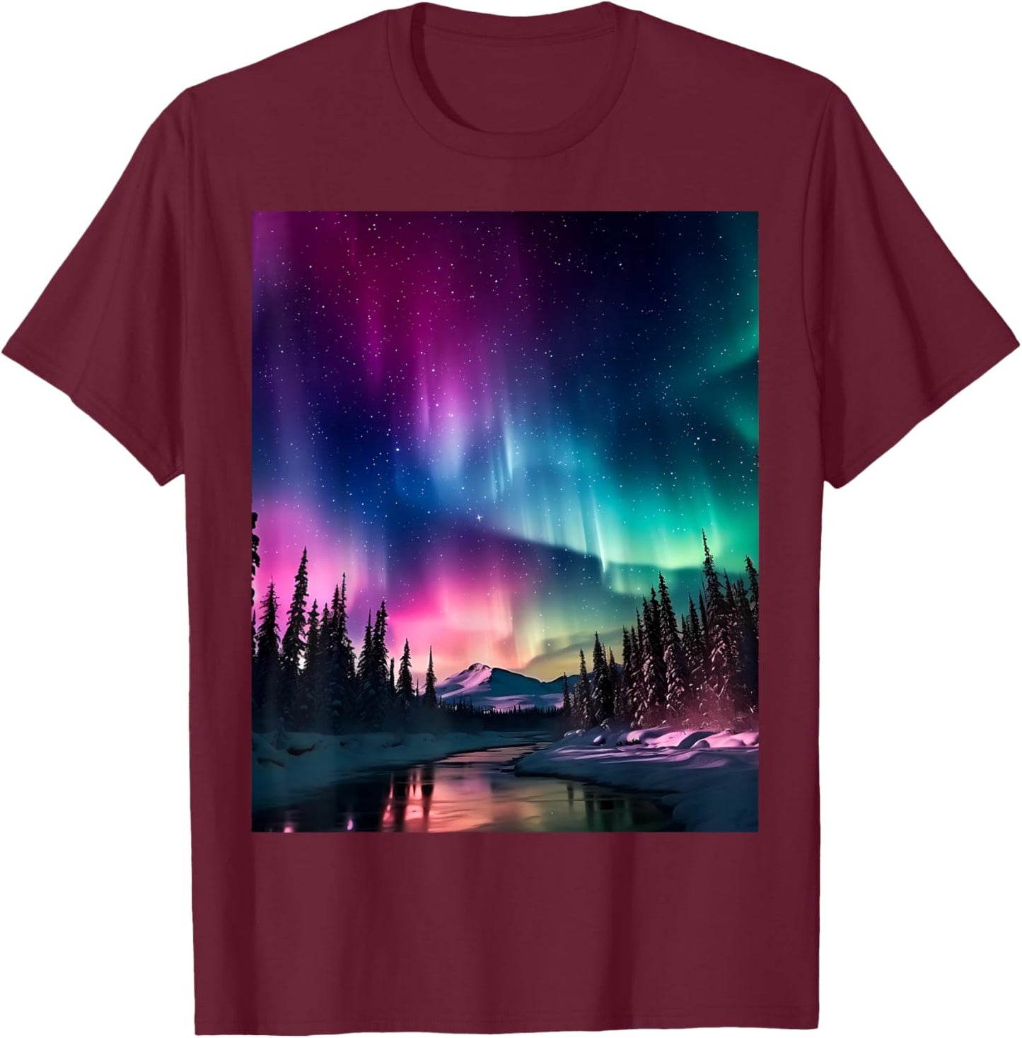 Alaska Landscape Aurora Borealis Northern Lights Vacay Merch T-Shirt - T-Shirt | Maroon