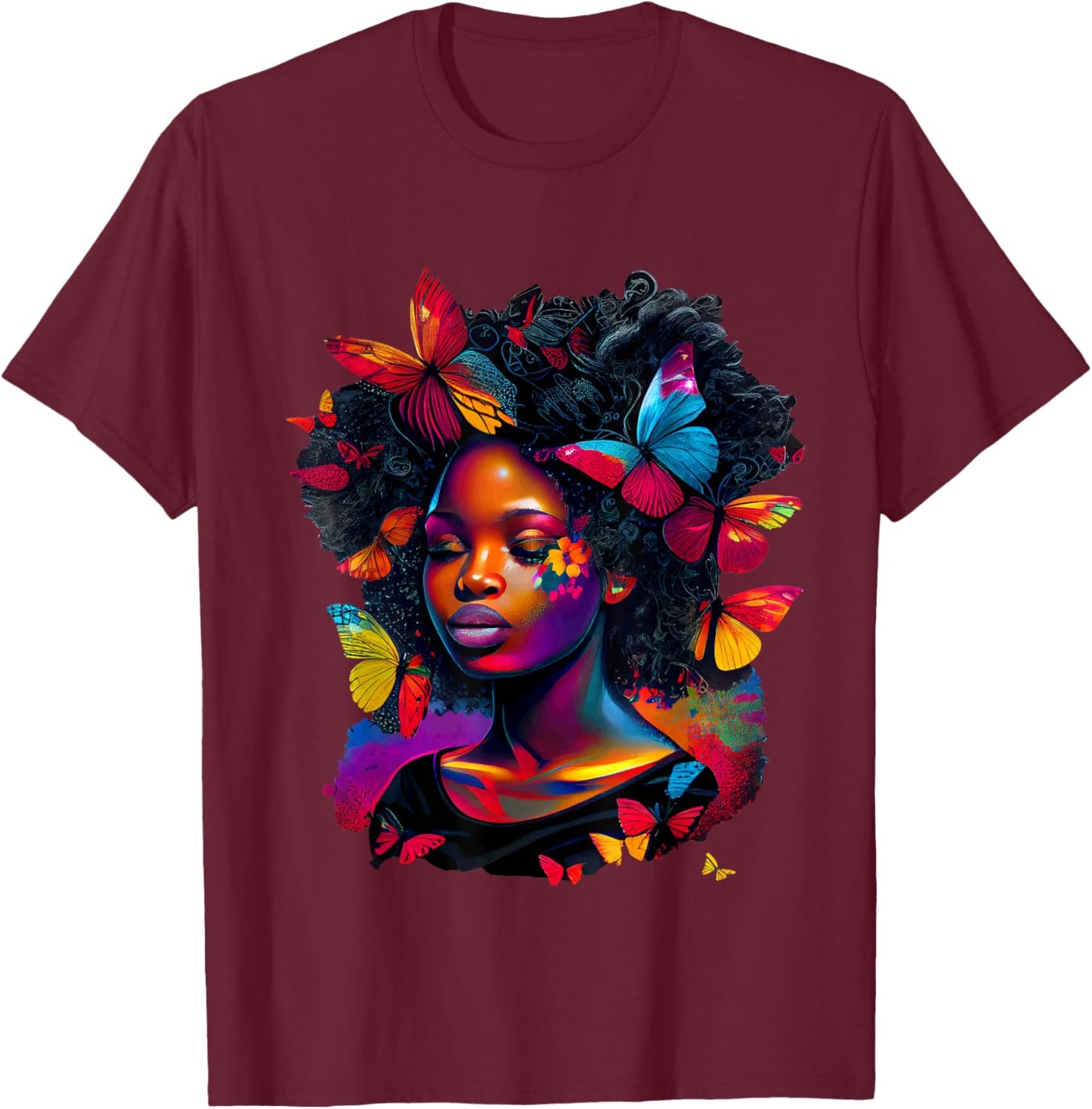 Queen Art Painting Butterfly Afro Cute T-Shirt - T-Shirt | Maroon