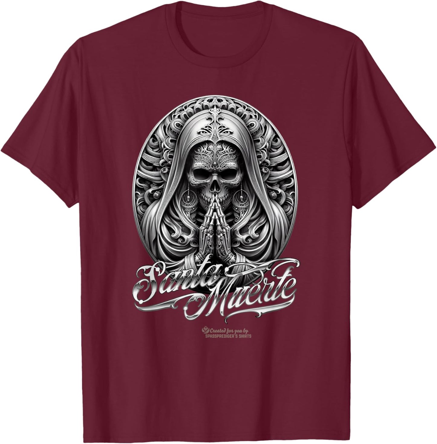 Santa Muerte in Prayer Oval Amulet Santa Muerte T-Shirt - T-Shirt | Maroon