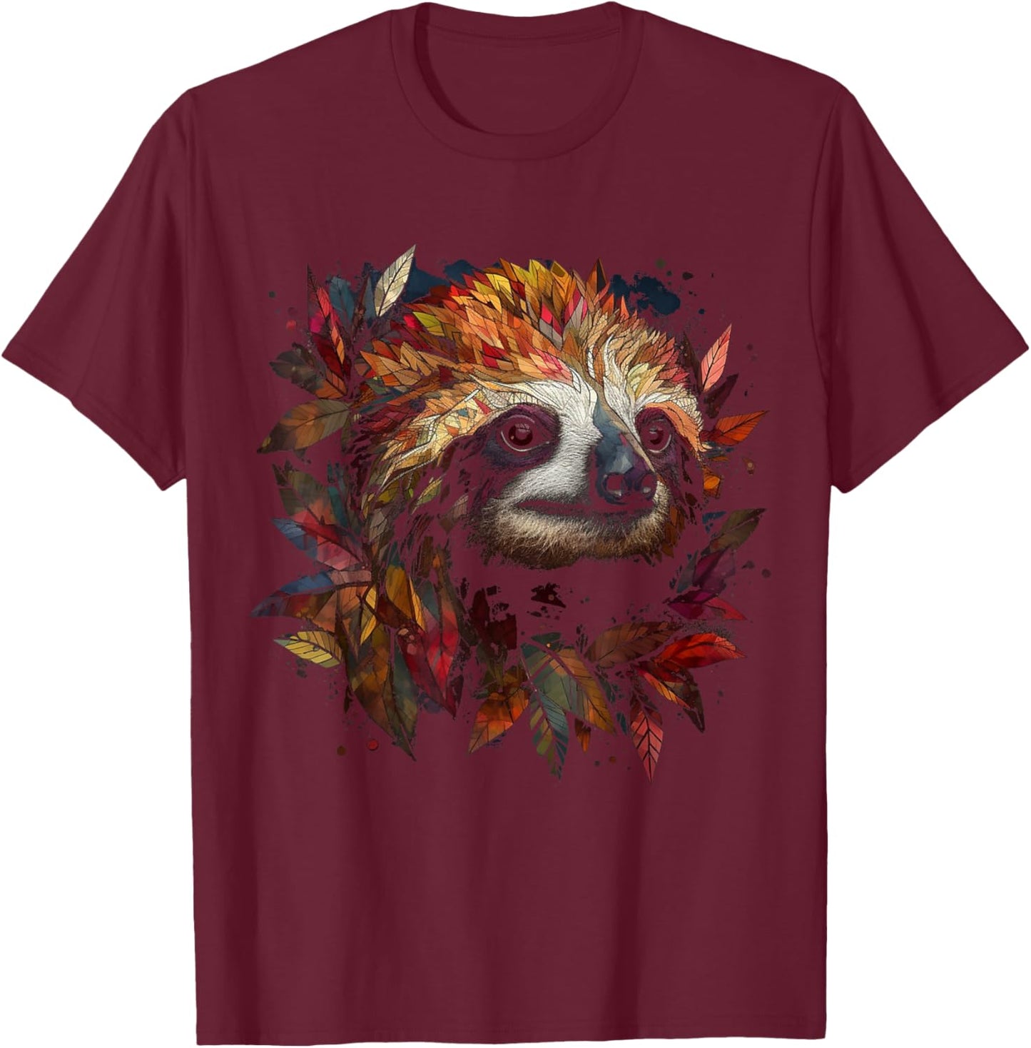 Sloth Artwork Autumn Leaves - Animal Sloth T-Shirt - T-Shirt | Maroon