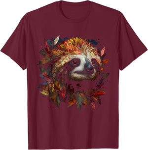 Sloth Artwork Autumn Leaves - Animal Sloth T-Shirt - T-Shirt | Maroon