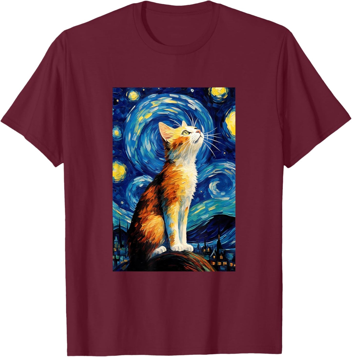 Cat Van Gogh Style Starry Night Graphic T-Shirt - T-Shirt | Maroon