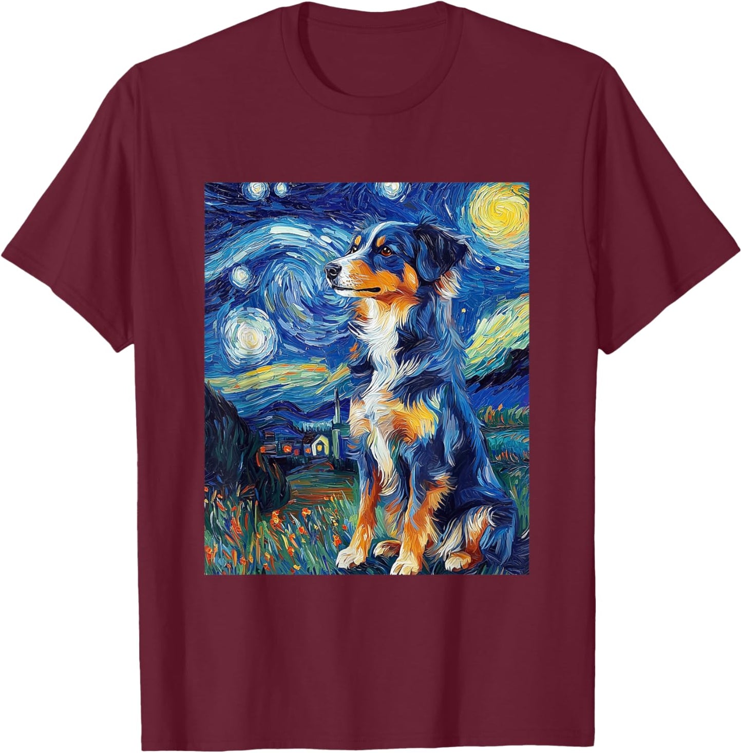 Australian Shepherd Dog - Van Gogh Style - Starry Night T-Shirt - T-Shirt | Maroon